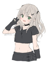 Rule 34 | 1girl, :d, anz32, black choker, black gloves, black shirt, black skirt, blush, choker, crop top, elbow gloves, fang, fingerless gloves, gloves, green eyes, green nails, grey hair, hair between eyes, hair ornament, hand up, long hair, looking at viewer, midriff, nail polish, navel, open mouth, original, shirt, short sleeves, simple background, sketch, skirt, smile, solo, twitter username, two side up, w, white background, x hair ornament