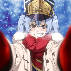 Rule 34 | 1girl, altair (re:creators), blue eyes, blue hair, blush, buttons, casual, coat, commentary request, dos (james30226), fur coat, gloves, gold trim, hair between eyes, hair ribbon, hat, light blue hair, medium bangs, multicolored eyes, re:creators, red eyes, red gloves, red ribbon, red scarf, ribbon, scarf, shaded face, shako cap, smile, snowing, solo, square pupils, twintails