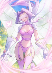 Rule 34 | 1girl, absurdres, breasts, butterfly wings, covered eyes, digimon, digimon (creature), fairimon, fairy, fairy wings, female focus, gloves, highres, insect wings, lips, long hair, mask, medium breasts, navel, purple hair, revealing clothes, smile, solo, thong, very long hair, wide hips, wings