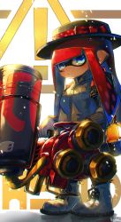 Rule 34 | !, 1girl, bad id, bad twitter id, black hat, black legwear, blue eyes, blunt bangs, bow, buckle, chromatic aberration, closed mouth, commentary, expressionless, grey jacket, gun, hat, hat bow, highres, hime cut, holding, holding gun, holding weapon, hydra splatling (splatoon), ink tank (splatoon), inkling, inkling girl, inkling player character, jacket, kashu (hizake), laces, long hair, looking at viewer, monster girl, nintendo, pointy ears, polka dot, polka dot bow, red bow, red hair, sideways glance, signature, solo, splatoon (series), splatoon 2, standing, tentacle hair, weapon, white background, white footwear, zipper, zipper pull tab