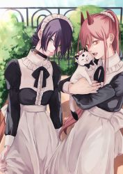 Rule 34 | + +, 2girls, alternate costume, alternate hairstyle, animal, apron, black choker, black dress, black hair, black ribbon, bow, bowtie, breasts, bush, cat, chainsaw man, choker, closed mouth, clothed animal, commentary, cowboy shot, cross-shaped pupils, day, demon horns, dress, enmaided, eyelashes, fangs, green eyes, grenade pin, hair between eyes, head tilt, highres, holding, holding animal, holding cat, horns, light rays, lips, long hair, long sleeves, looking at viewer, maid, maid apron, maid headdress, meowy (chainsaw man), multiple girls, neck ribbon, open mouth, orange eyes, outdoors, pink hair, ponytail, power (chainsaw man), reze (chainsaw man), ribbon, shadow, sharp teeth, short hair, small breasts, smile, sunlight, symbol-shaped pupils, teeth, toukaairab, traditional bowtie, tree
