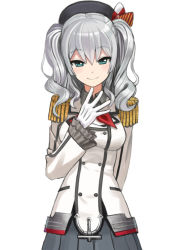Rule 34 | 10s, 1girl, aqua eyes, epaulettes, gloves, grey skirt, hand to own mouth, hat, hat ribbon, highres, kantai collection, kashima (kancolle), long hair, long sleeves, looking at viewer, military, military uniform, pleated skirt, ribbon, silver hair, simple background, skirt, smile, solo, uniform, wasabi60, white background, white gloves