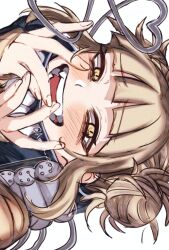 1girl artist_name bags_under_eyes blonde_hair blunt_bangs blush boku_no_hero_academia commentary_request double_bun fangs hair_bun highres looking_at_viewer messy_hair mofubii narrowed_eyes open_mouth sideways slit_pupils smile solo teeth toga_himiko yellow_eyes