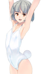Rule 34 | 1girl, arms up, benchen06, blunt bangs, cowboy shot, crotch seam, flat chest, highres, kouno (masao), looking at viewer, one-piece swimsuit, open mouth, orange eyes, original, rabbit tail, short hair, silver hair, simple background, solo, swimsuit, tail, white background