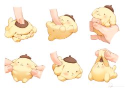 Rule 34 | 1other, :3, animal focus, poking belly, beret, blush, brown headwear, cheek pull, dog, grabbing another&#039;s ear, fingernails, hand on another&#039;s ear, hat, pompompurin, ryota (ry o ta), sanrio, simple background, solid circle eyes, squishing, white background