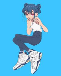 Rule 34 | 1girl, blue background, blue hair, double bun, finger to mouth, full body, grey pants, hair bun, hands up, high-waist pants, highres, holding, holding stylus, looking at viewer, nao97122, original, pants, red eyes, ringed eyes, shirt, shirt tucked in, shoes, short hair, simple background, sleeveless, sleeveless shirt, sneakers, solo, stylus, white footwear, white shirt