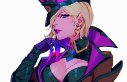 Rule 34 | 1girl, absurdres, bandaged arm, bandages, black hat, blonde hair, blue eyes, breasts, brown jacket, chadetteisgiga, chromatic aberration, cleavage, cleavage cutout, clothing cutout, collared shirt, earrings, evelynn (league of legends), eyeshadow, hair over one eye, hat, highres, jacket, jewelry, large breasts, league of legends, looking at viewer, makeup, mole, mole under eye, official alternate costume, official alternate hairstyle, parted lips, pink hat, purple lips, shirt, short hair, simple background, solo, soul fighter (league of legends), soul fighter evelynn, upper body, white background
