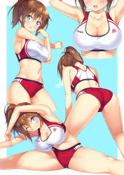 Rule 34 | 1girl, armpits, ass, bare arms, bare shoulders, blue eyes, breasts, brown hair, buruma, cleavage, collarbone, highres, kazuma (kazumav), large breasts, long hair, looking at viewer, midriff, multiple views, navel, open mouth, original, ponytail, red buruma, sports bra, spread legs, stomach, stretching, sweat, thighs, track and field
