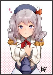 Rule 34 | 1boy, 1girl, admiral (kancolle), beret, blue eyes, blue necktie, breasts, clenched hand, closed mouth, collared shirt, epaulettes, grey hair, grey shirt, hat, heart, heart-shaped pupils, jacket, kantai collection, kashima (kancolle), large breasts, long hair, looking up, military jacket, neckerchief, necktie, necktie grab, neckwear grab, pov, red neckerchief, revision, shirt, signature, simple background, skirt, solo focus, symbol-shaped pupils, tadokoro nurikabe, twintails, white jacket