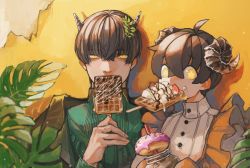 Rule 34 | 2boys, absurdres, ahoge, blurry, blurry foreground, brown hair, brown jacket, buttons, chocolate, collared shirt, commentary, covered mouth, doughnut, drinking straw, eating, fatalbug896, food, food in mouth, food on face, frills, fruit, green shirt, hair between eyes, highres, holding, holding food, holding jar, horns, jacket, jacket on shoulders, jar, leaf, long sleeves, looking at viewer, male focus, mason jar, multiple boys, original, philodendron, plant, shirt, short hair, slit pupils, star-shaped pupils, star (symbol), strawberry, sweets, symbol-shaped pupils, upper body, waffle, whipped cream, white shirt, yellow background, yellow eyes