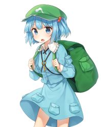 Rule 34 | 1girl, backpack, bad id, bad pixiv id, bag, blue eyes, blue hair, blush, hair bobbles, hair ornament, hat, kawashiro nitori, key, long sleeves, looking at viewer, matching hair/eyes, open mouth, shirt, shnva, short hair, simple background, skirt, solo, touhou, twintails, two side up, vest, white background