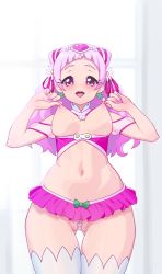 Rule 34 | 1girl, absurdres, beads, breasts, cameltoe, clover earrings, cone hair bun, cure yell, from below, gluteal fold, grabbing own breast, hair bun, hair ornament, highres, hugtto! precure, long hair, looking at viewer, microskirt, midriff, nail polish, navel, nipple stimulation, nipple tweak, nipples, nypdesu, open mouth, pink eyes, pink hair, pink skirt, precure, skirt, solo, standing, teeth, thick eyebrows, thick eyelashes, thighhighs, upper teeth only, upskirt