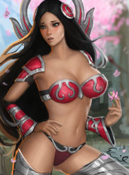 Rule 34 | 1girl, armor, bikini, bikini armor, black hair, blush, breasts, cherry blossoms, cleavage, detached sleeves, female focus, flower, geleebroetchen, green eyes, grey thighhighs, hair ornament, hand on own hip, holding, irelia, large breasts, league of legends, legs, lips, long hair, navel, neck, parted lips, petals, solo, strapless, strapless bikini, swimsuit, tagme, thighhighs, very long hair