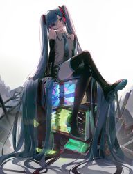 Rule 34 | 1girl, absurdly long hair, absurdres, ahoge, bad id, bad pixiv id, black footwear, black skirt, black sleeves, blue eyes, blue hair, blue necktie, boots, buri (retty9349), collared shirt, detached sleeves, full body, grey shirt, hatsune miku, head tilt, headset, highres, huge filesize, long hair, long sleeves, looking at viewer, miniskirt, necktie, parted lips, pleated skirt, shirt, simple background, sitting, skirt, solo, television, thigh boots, thighhighs, twintails, very long hair, vocaloid, white background, zettai ryouiki