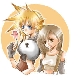 Rule 34 | 1990s (style), 1boy, 1girl, blonde hair, breasts, brown hair, cloud strife, final fantasy, final fantasy vii, flower, gloves, long hair, lowres, open mouth, retro artstyle, simple background, smile, spiked hair, tifa lockhart