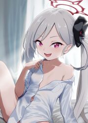 Rule 34 | 1girl, bare shoulders, blue hair, looking at viewer, mutsuki (blue archive), open mouth, purple eyes, side ponytail, solo, udon f, white hair