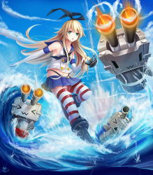 Rule 34 | &gt; &lt;, 10s, 1girl, :3, anchor, black panties, blonde hair, boots, closed eyes, cloud, day, elbow gloves, flat chest, gloves, hairband, highres, jurrig, kantai collection, long hair, panties, pantyshot, personification, rensouhou-chan, sailor collar, shimakaze (kancolle), signature, skirt, sky, striped clothes, striped thighhighs, thighhighs, underwear, upskirt, water, white gloves
