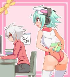 Rule 34 | 1boy, 1girl, acura (gunvolt), ahoge, arms behind back, ass, azure striker gunvolt 2, black pants, blue eyes, blush, book, box, calendar (object), chair, closed mouth, collared dress, commentary, cougar (cougar1404), desk, dress, flying sweatdrops, gift, green hair, grey hair, headgear, heart-shaped box, hetero, holding, holding behind back, holding gift, indoors, leaning forward, leotard, looking at another, motion lines, notice lines, holding behind back, open mouth, pants, red eyes, red leotard, red shirt, roro (gunvolt), shirt, short hair, sitting, skindentation, sleeveless, smile, standing, thighhighs, valentine, wedgie, white thighhighs