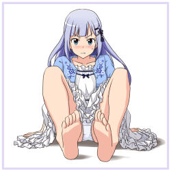 Rule 34 | 1girl, angry, arm support, barefoot, blue eyes, blue hair, blue sweater, blush, breasts, clenched teeth, collarbone, commentary request, dot nose, dress, floral print, hair ornament, hairclip, idolmaster, idolmaster million live!, legs, lielos, light blue hair, long hair, looking at viewer, on floor, panties, pantyshot, print sweater, shiraishi tsumugi, short sleeves, sitting, small breasts, solo, sweatdrop, sweater, teeth, thighs, underwear, v-shaped eyebrows, white background, white dress, white panties
