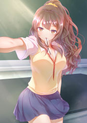 Rule 34 | 1girl, absurdres, arm behind back, blue skirt, blush, breasts, brown eyes, brown hair, chalkboard, classroom, cleavage, collared shirt, cowboy shot, desk, dress shirt, eyewear in mouth, futaba rio, glasses, hair between eyes, hair over breasts, high ponytail, highres, indoors, large breasts, light blush, light rays, long hair, looking at viewer, mouth hold, mustard 1014028852, on desk, open collar, outstretched hand, pleated skirt, ponytail, red neckwear, red ribbon, ribbon, rimless eyewear, school uniform, scrunchie, seishun buta yarou, shirt, short sleeves, sidelocks, sitting, skirt, solo, sunlight, sweater vest, t-shirt, table, thighs, vest, wavy hair, white shirt, yellow scrunchie, yellow vest