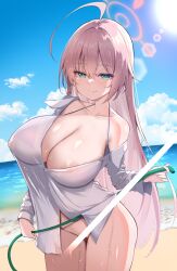 Rule 34 | 1girl, ahoge, bare shoulders, beach, bikini, bikini top only, bikini under clothes, blue archive, blue sky, blush, bottomless, bow, braid, breasts, censored, chipa (arutana), cleavage, closed mouth, cloud, covered erect nipples, cowboy shot, green eyes, halo, halterneck, hanako (blue archive), hanako (swimsuit) (blue archive), highres, holding, holding hose, hose, large breasts, looking at viewer, ocean, off shoulder, official alternate costume, open clothes, oversized clothes, oversized shirt, paid reward available, partially unbuttoned, pink bikini, pink hair, pink halo, see-through, see-through shirt, shirt, sky, smile, solo, standing, string bikini, swimsuit, wet, wet clothes, wet shirt, white shirt