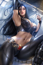 Rule 34 | 1girl, armpits, ayya sap, black footwear, black gloves, black hair, breasts, claws, cleavage, crop top, gloves, green eyes, large breasts, laura kinney, leather, leather pants, long hair, looking at viewer, marvel, midriff, navel, pants, solo, warehouse, wolverine, x-23