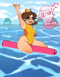 Rule 34 | 1girl, absurdres, arm up, armpits, breasts, brown hair, english text, green eyes, highres, legs, mario &amp; sonic at the london 2012 olympic games, mario &amp; sonic at the olympic games, mario (series), nintendo, one-piece swimsuit, open mouth, pool, princess daisy, short hair, sitting, small breasts, smile, solo, swimsuit, thick thighs, thighs, water