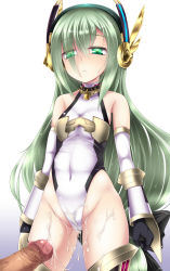Rule 34 | 1girl, bare shoulders, black gloves, censored, collar, cum, cum on body, cum on clothes, cum on lower body, detached sleeves, emil chronicle online, gloves, green eyes, green hair, hair ornament, hairband, highres, leotard, lock, looking at viewer, matching hair/eyes, mosaic censoring, penis, shimo (depthbomb), solo, solo focus, thighhighs