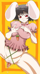 Rule 34 | 1girl, animal ears, black hair, bottomless, breasts squeezed together, breasts, carrot, censored, dildo, female focus, female pubic hair, food, food insertion, gorigori222, inaba tewi, large breasts, object insertion, aged up, pubic hair, pussy juice, rabbit ears, red eyes, sex toy, short hair, smile, solo, thick thighs, thighs, touhou, vaginal, vaginal object insertion