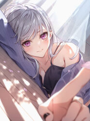 Rule 34 | 1girl, black camisole, black nails, blush, breasts, camisole, cardigan, cleavage, collarbone, curtains, dappled sunlight, grey hair, head on arm, jewelry, long hair, looking at viewer, lying, medium breasts, nail polish, on floor, on side, original, pointing, pointing at viewer, pov, purple cardigan, purple eyes, ring, smile, solo, sunlight, swept bangs, window shadow, wooden floor, zattape