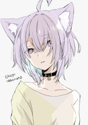 Rule 34 | 1girl, ahoge, animal ear fluff, animal ears, black collar, brown shirt, cat ears, character name, collar, collarbone, commentary request, grey background, hair over one eye, highres, hololive, looking at viewer, mito (go!go!king!), nekomata okayu, parted lips, purple eyes, purple hair, shirt, simple background, solo, upper body, virtual youtuber