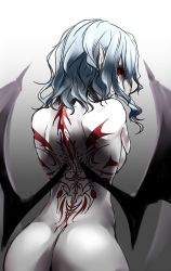 Rule 34 | 1girl, ass, back tattoo, bat wings, blue hair, breasts, completely nude, earrings, from behind, grey background, highres, jewelry, looking at viewer, looking back, medium breasts, medium hair, nude, aged up, pointy ears, red eyes, remilia scarlet, shukusuri, sideways glance, slit pupils, solo, spread wings, stud earrings, tattoo, touhou, wings