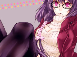 Rule 34 | 10s, 1girl, breasts, cleavage, cleavage cutout, clothing cutout, coat, glasses, grey background, long hair, meme attire, open-chest sweater, pink eyes, polka dot, polka dot background, purple hair, simple background, sweater, thighhighs, tokyo ravens, tsuchimikado natsume, yuzusei (empty)
