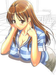 Rule 34 | 1girl, arm support, blush, breasts, brown eyes, brown hair, cleavage, collarbone, covered erect nipples, curvy, kamisama dolls, large breasts, leaning forward, long hair, mizoro tadashi, shadow, shiba hibino, shirt, smile, solo, striped clothes, striped shirt, t-shirt, table