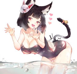 Rule 34 | 1girl, animal ears, anparu, azur lane, bell, black hair, breasts, cleavage, heart, heart-shaped pupils, highres, large breasts, leaning forward, looking at viewer, nipples, one-piece swimsuit, open mouth, red eyes, smile, solo, swimsuit, symbol-shaped pupils, tail, torn clothes, water, yamashiro (azur lane)