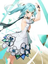 Rule 34 | 1girl, absurdres, aqua hair, arm up, breasts, closed mouth, clothing cutout, commentary request, cowboy shot, dress, faruzan (genshin impact), genshin impact, glow (user hnpv7785), green eyes, hair ornament, highres, korean commentary, long hair, looking ahead, shoulder cutout, skirt cutout, sleeveless, sleeveless dress, small breasts, smile, solo, standing, symbol-shaped pupils, triangle-shaped pupils, twintails, white dress, wristlet, x hair ornament