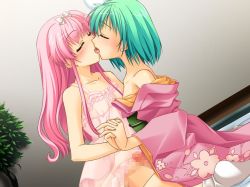 Rule 34 | 2boys, androgynous, bow, censored, closed eyes, crossdressing, french kiss, game cg, green hair, hair bow, japanese clothes, kimono, kiss, long hair, male focus, multiple boys, multiple penises, nightgown, ootomo maki, ooyama rui, oto puri, penis, penises touching, pink hair, short hair, skirt, trap, trap on trap, yaoi
