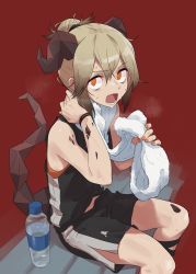 Rule 34 | 1girl, absurdres, alternate costume, alternate hairstyle, arknights, arm up, bare shoulders, basketball uniform, bench, black shorts, blonde hair, bottle, brown hair, drawdrawdeimos, fang, gradient hair, hair bun, highres, holding, holding towel, horns, ifrit (arknights), looking at viewer, material growth, multicolored hair, nail polish, open mouth, orange eyes, orange nails, oripathy lesion (arknights), plastic bottle, red background, short hair, shorts, simple background, single hair bun, sitting, sleeveless, solo, sportswear, steaming body, sweatband, tail, towel, towel around neck, water bottle, wiping sweat