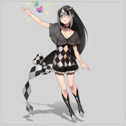 Rule 34 | 1girl, bad id, bad tinami id, black hair, blush, boots, bow, breasts, bug, butterfly, capelet, choker, cleavage, clothing cutout, dress, erubo, full body, grey background, grey eyes, grey hair, hair bow, insect, large breasts, long hair, multicolored hair, navel, navel cutout, original, outstretched arm, shadow, short cape, short dress, simple background, solo, sparkle