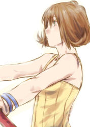 Rule 34 | 1girl, brown hair, dress, final fantasy, final fantasy viii, flipped hair, green eyes, jewelry, looking to the side, lowres, necklace, nunchaku, selphie tilmitt, short hair, simple background, solo, weapon, white background, yellow dress, yokutsuki noa