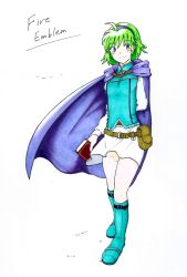 Rule 34 | 1girl, ahoge, bag, blue eyes, blush, book, boots, cape, clothes lift, copyright name, fire emblem, fire emblem: the blazing blade, full body, green hair, headband, highres, holding, holding book, long sleeves, nino (fire emblem), nintendo, shiny clothes, short hair, simple background, skirt, skirt lift, smile, solo, white background, white skirt