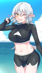 Rule 34 | 1girl, absurdres, black nails, blue sky, breasts, cloud, commentary request, covered collarbone, cowboy shot, day, grey hair, grey wings, groin, hair between eyes, hand up, highres, horizon, long hair, looking at viewer, low twintails, low wings, medium breasts, nail polish, navel, negationtenmaru, ocean, one eye closed, original, outdoors, parted lips, pointy ears, short eyebrows, sky, solo, thick eyebrows, twintails, v, water, wings, yellow eyes