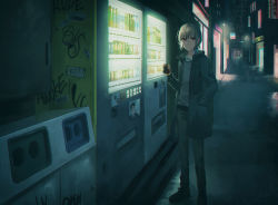 Rule 34 | 1girl, alley, black coat, black footwear, black gloves, black pants, blue ribbon, building, can, chihuri, coat, collared shirt, commentary request, dress shirt, gloves, glowing, grey shirt, hair between eyes, hair ribbon, holding, holding can, long sleeves, looking at viewer, night, open clothes, open coat, original, outdoors, pants, parted lips, red eyes, ribbon, shirt, shoes, sign, solo, standing, sweater vest, trash can, vending machine