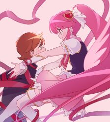 Rule 34 | 1boy, 1girl, aino megumi, boots, brooch, cure lovely, hair ornament, happinesscharge precure!, heart, heart brooch, heart hair ornament, highres, jewelry, long hair, magical boy, magical girl, pink background, pink eyes, pink hair, pink skirt, ponytail, precure, sagara seiji, shipu (gassyumaron), skirt, smile, thigh boots, thighhighs, wide ponytail, wings