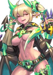 Rule 34 | 1girl, 2016, artist name, blonde hair, breasts, demon girl, demon tail, demon wings, elbow gloves, fingerless gloves, fingernails, gloves, highres, holding, holding weapon, horns, large breasts, long hair, midriff, nail polish, navel, ninnin (shishitou), original, pointy ears, red eyes, simple background, solo, tail, tongue, tongue out, twintails, underboob, weapon, white background, wings