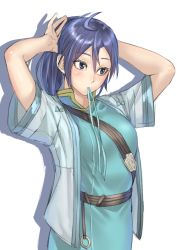 Rule 34 | 1girl, adjusting hair, ahoge, arms behind head, arms up, blue eyes, blue hair, breasts, closed mouth, fir (fire emblem), fire emblem, highres, kilye kairi, long hair, looking away, medium breasts, mouth hold, nintendo, ponytail, short sleeves, simple background, solo, standing, white background
