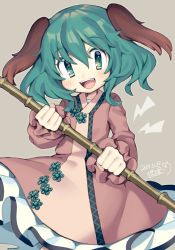 Rule 34 | 1girl, animal ears, artist name, blush, broom, dated, dog ears, green eyes, green hair, holding, holding broom, iroyopon, kasodani kyouko, long sleeves, looking at viewer, open mouth, puffy sleeves, signature, smile, solo, teeth, tongue, touhou, upper teeth only