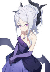 Rule 34 | 1girl, black horns, black wings, blue archive, blush, breasts, closed mouth, collarbone, deatheach, demon horns, demon wings, dress, elbow gloves, gloves, grey hair, highres, hina (blue archive), hina (dress) (blue archive), horns, long hair, looking at viewer, multiple horns, purple dress, purple eyes, purple gloves, simple background, small breasts, smile, solo, strapless, strapless dress, white background, wings