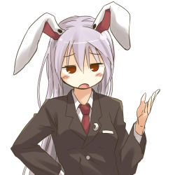 Rule 34 | 1girl, animal ears, female focus, hand on own hip, long hair, necktie, no nose, open mouth, purple hair, rabbit ears, red eyes, red necktie, reisen udongein inaba, simple background, solo, touhou, very long hair, white background, yudepii