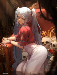 Rule 34 | 1girl, artist name, ass, blue hair, bracelet, chair, commentary, dress, from side, gears, grey eyes, grey hair, hair between eyes, hair ribbon, hatsune miku, highres, indoors, jewelry, light rays, lips, looking at viewer, one eye closed, pile of skulls, pink nails, red ribbon, red shirt, ribbon, shirt, sidelocks, sitting, solo, sword, throne, vocaloid, weapon, white dress, yuu (xyz)